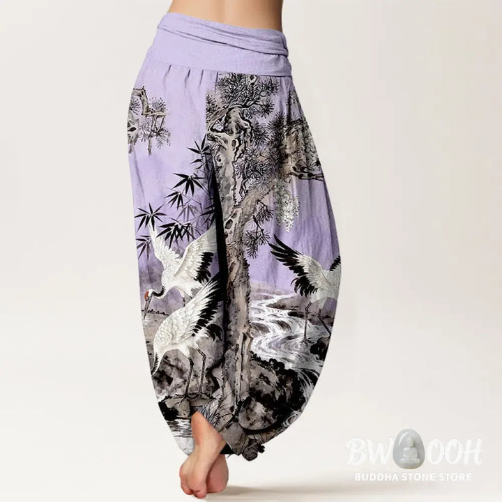 Buddha Stones Pure Cotton Red-crowned Crane Stream Pattern Women’s Elastic Waist Harem Pants - Women’s Harem Pants