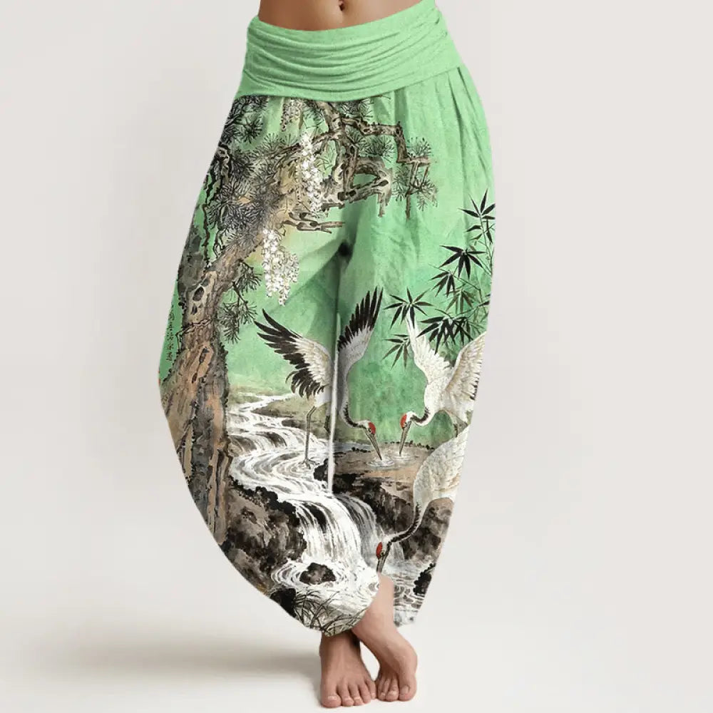 Buddha Stones Pure Cotton Red-crowned Crane Stream Pattern Women’s Elastic Waist Harem Pants - LightGreen