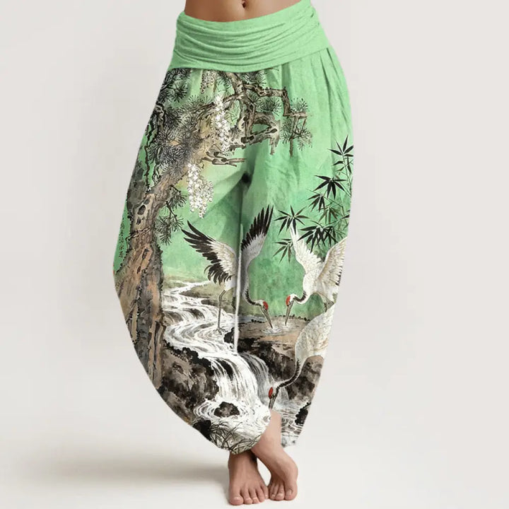 Buddha Stones Pure Cotton Red-crowned Crane Stream Pattern Women’s Elastic Waist Harem Pants - LightGreen