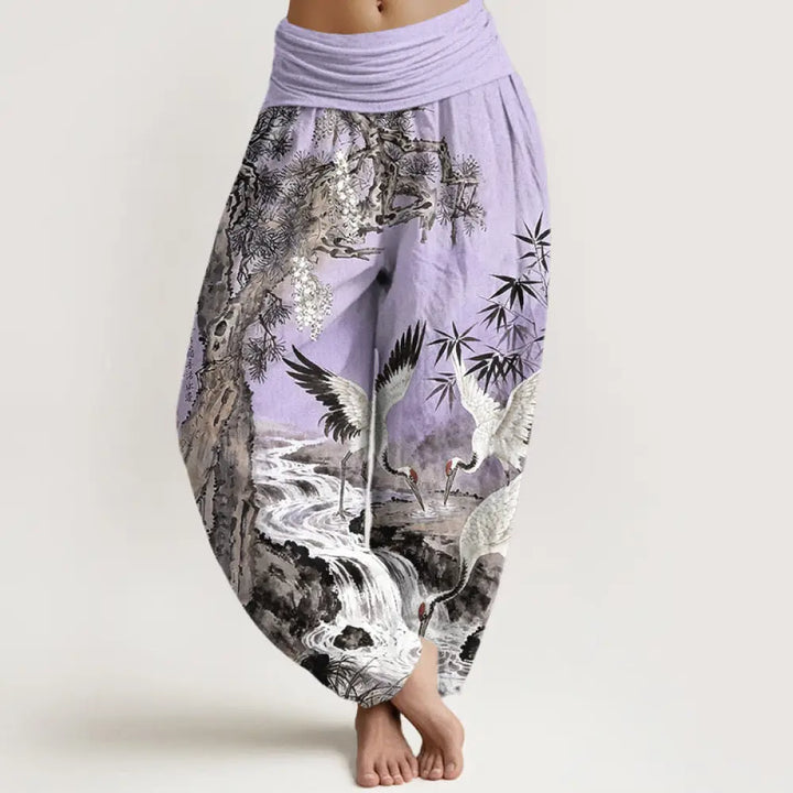 Buddha Stones Pure Cotton Red-crowned Crane Stream Pattern Women’s Elastic Waist Harem Pants - MediumPurple