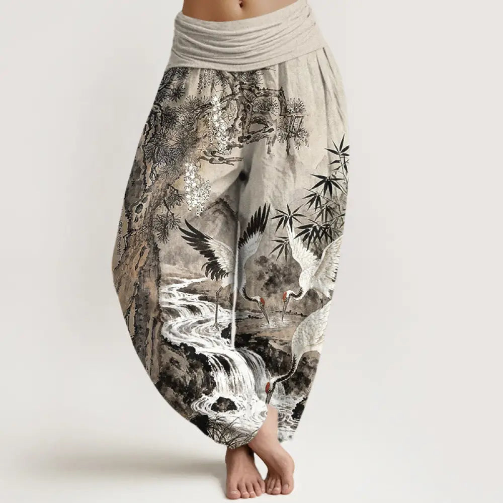 BWOOOH printed harem pants - Pure Cotton Red-crowned Crane Stream Pat