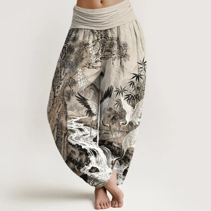 BWOOOH printed harem pants - Pure Cotton Red-crowned Crane Stream Pat