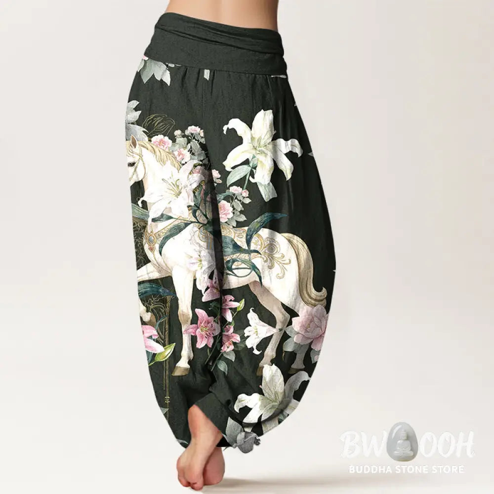 Buddha Stones Pure Cotton Romantic Horse Lily Peony Pattern Women’s Elastic Waist Harem Pants - Women’s Harem Pants