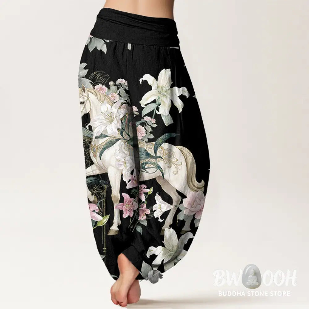Buddha Stones Pure Cotton Romantic Horse Lily Peony Pattern Women’s Elastic Waist Harem Pants - Women’s Harem Pants