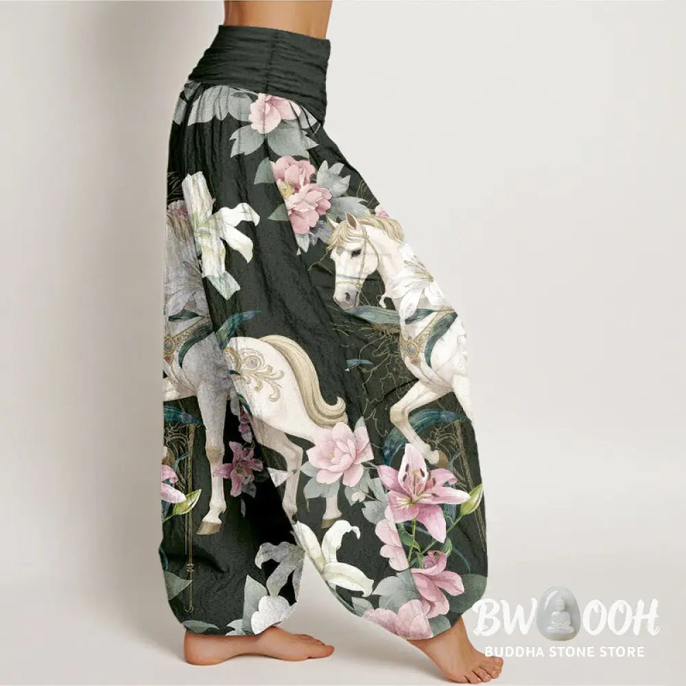 Buddha Stones Pure Cotton Romantic Horse Lily Peony Pattern Women’s Elastic Waist Harem Pants - Women’s Harem Pants