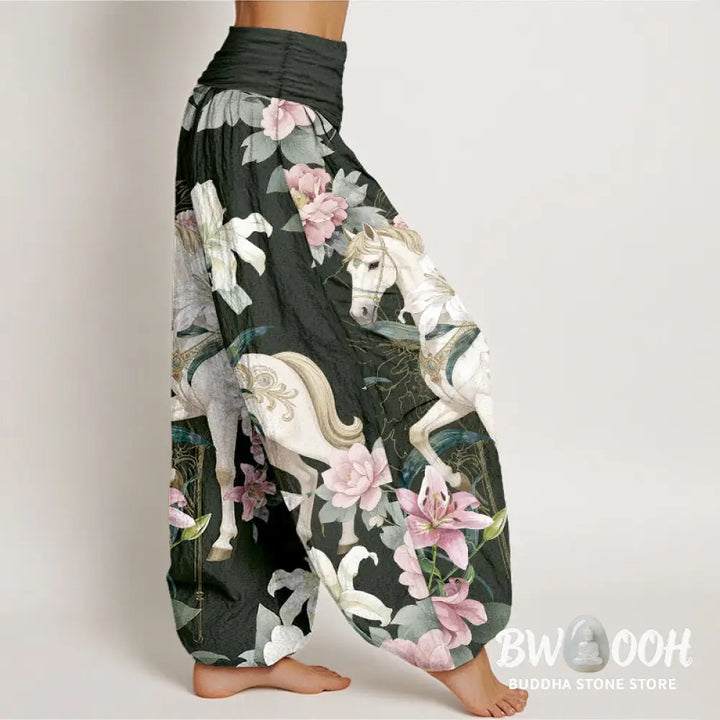Buddha Stones Pure Cotton Romantic Horse Lily Peony Pattern Women’s Elastic Waist Harem Pants - Women’s Harem Pants