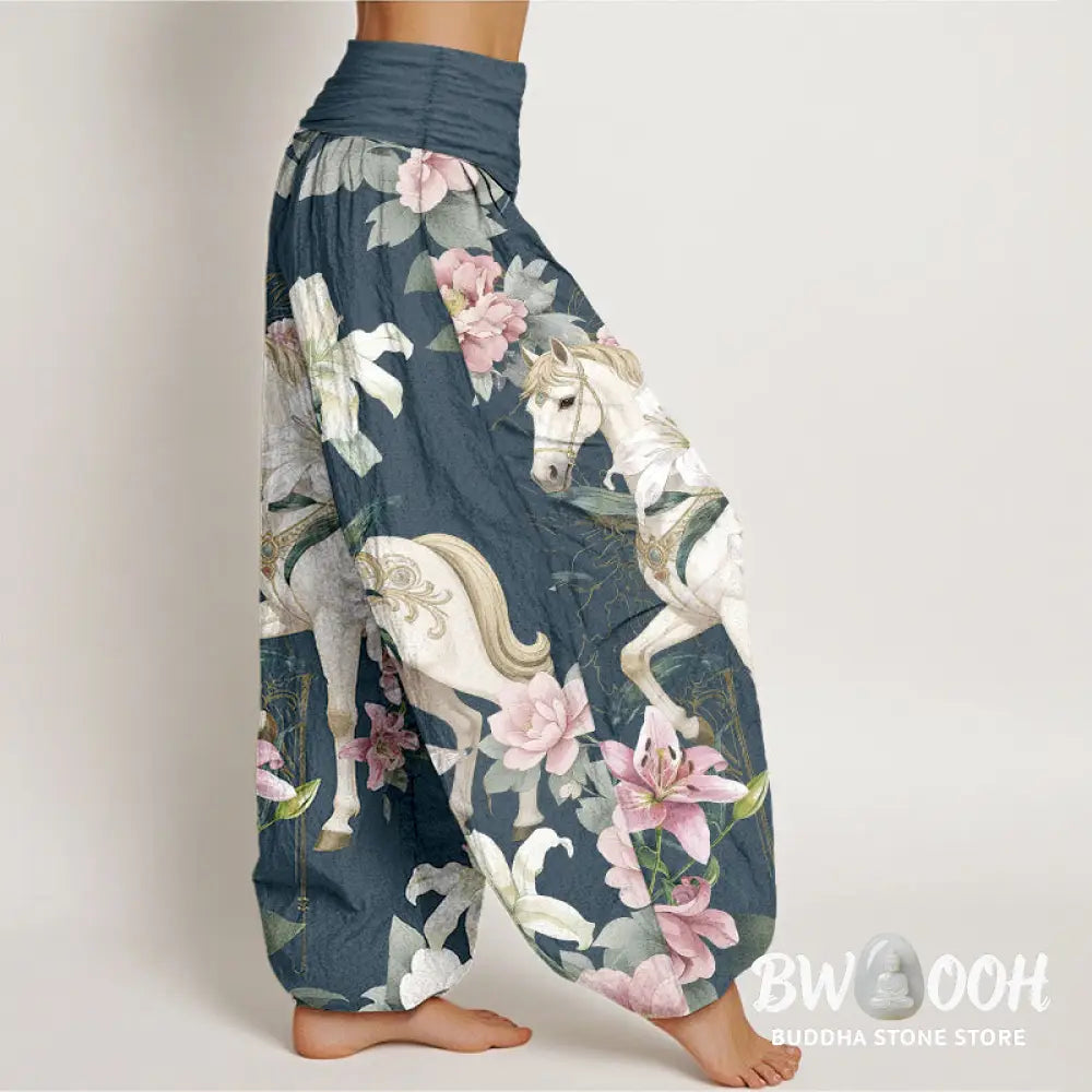 Buddha Stones Pure Cotton Romantic Horse Lily Peony Pattern Women’s Elastic Waist Harem Pants - Women’s Harem Pants