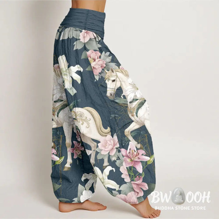 Buddha Stones Pure Cotton Romantic Horse Lily Peony Pattern Women’s Elastic Waist Harem Pants - Women’s Harem Pants