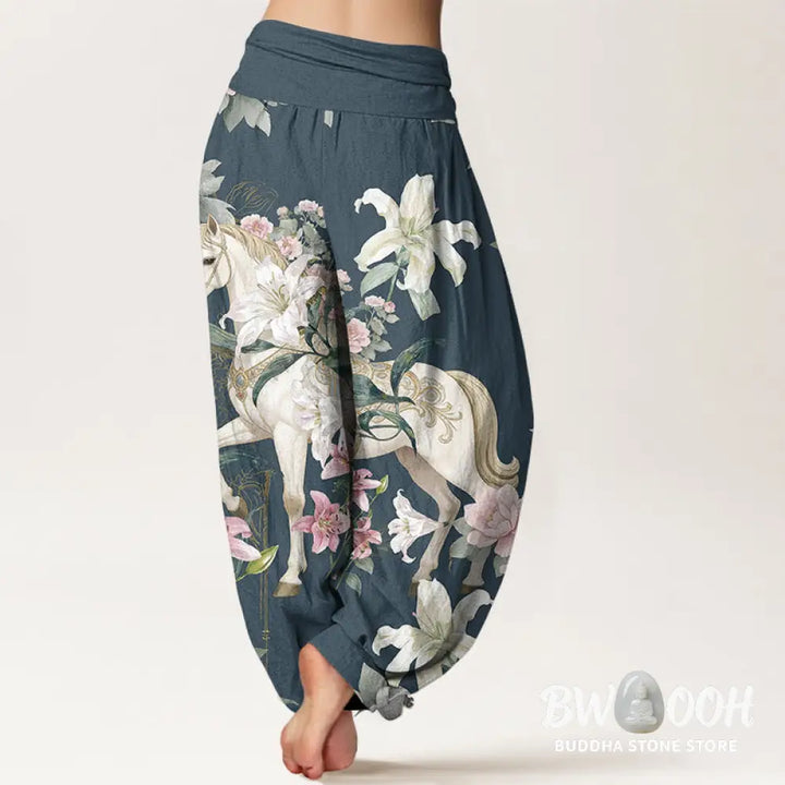 Buddha Stones Pure Cotton Romantic Horse Lily Peony Pattern Women’s Elastic Waist Harem Pants - Women’s Harem Pants