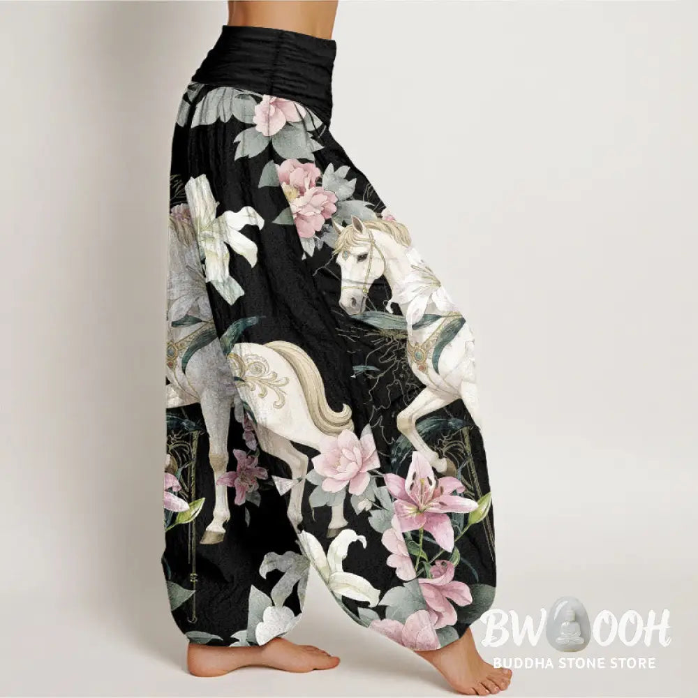 Buddha Stones Pure Cotton Romantic Horse Lily Peony Pattern Women’s Elastic Waist Harem Pants - Women’s Harem Pants