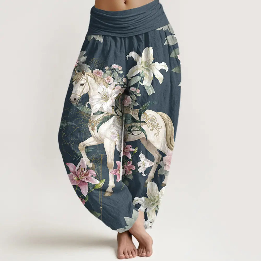Buddha Stones Pure Cotton Romantic Horse Lily Peony Pattern Women’s Elastic Waist Harem Pants - DarkSlateBlue