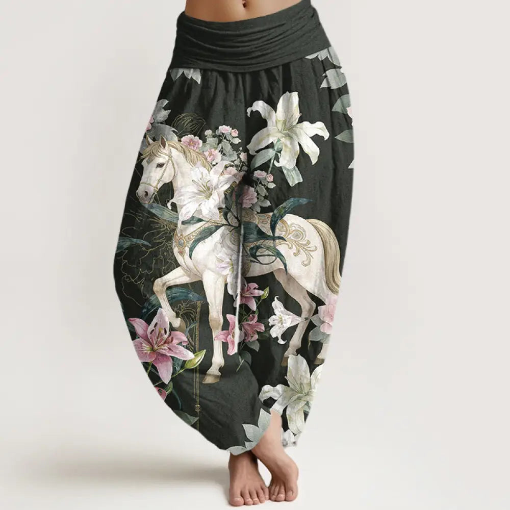 Buddha Stones Pure Cotton Romantic Horse Lily Peony Pattern Women’s Elastic Waist Harem Pants - DimGray
