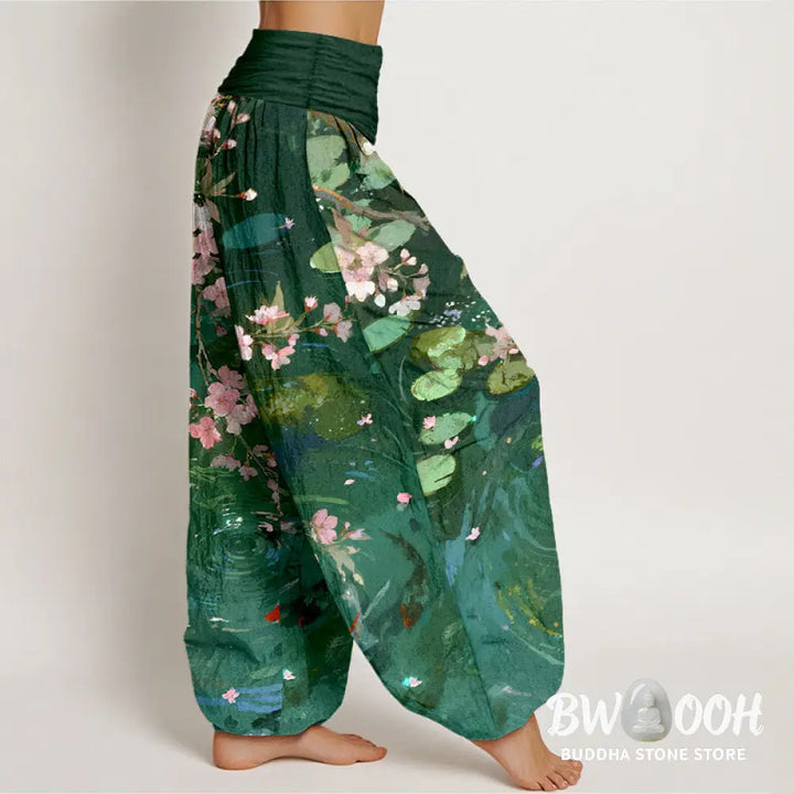 Buddha Stones Pure Cotton Sakura Blossoms Koi Fish Lotus Leaves Women’s Elastic Waist Harem Pants - Women’s Harem Pants