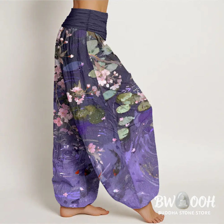 Buddha Stones Pure Cotton Sakura Blossoms Koi Fish Lotus Leaves Women’s Elastic Waist Harem Pants - Women’s Harem Pants