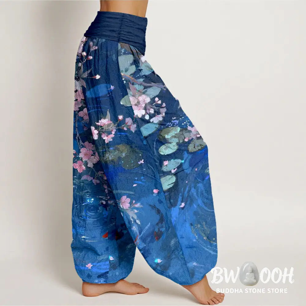 Buddha Stones Pure Cotton Sakura Blossoms Koi Fish Lotus Leaves Women’s Elastic Waist Harem Pants - Women’s Harem Pants