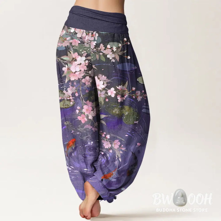 Buddha Stones Pure Cotton Sakura Blossoms Koi Fish Lotus Leaves Women’s Elastic Waist Harem Pants - Women’s Harem Pants