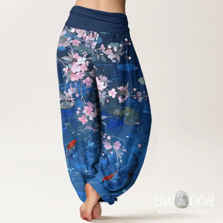 Buddha Stones Pure Cotton Sakura Blossoms Koi Fish Lotus Leaves Women’s Elastic Waist Harem Pants - Women’s Harem Pants
