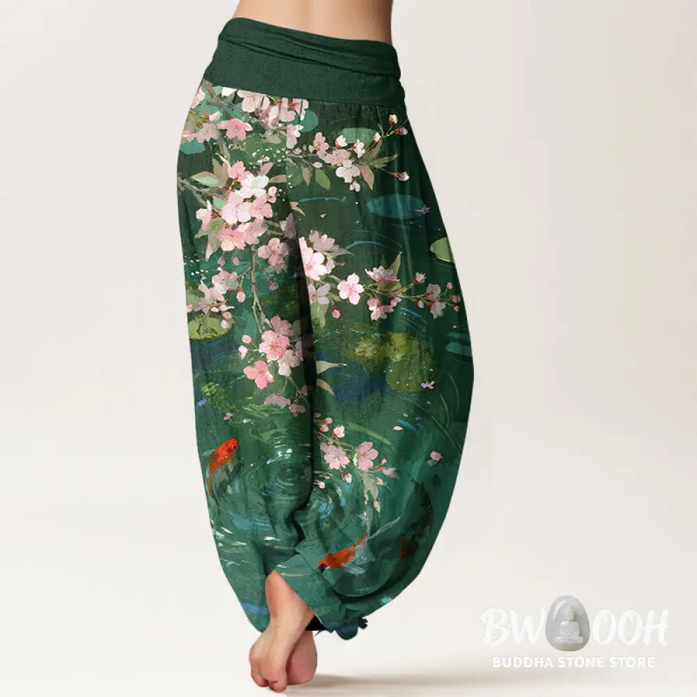 Buddha Stones Pure Cotton Sakura Blossoms Koi Fish Lotus Leaves Women’s Elastic Waist Harem Pants - Women’s Harem Pants