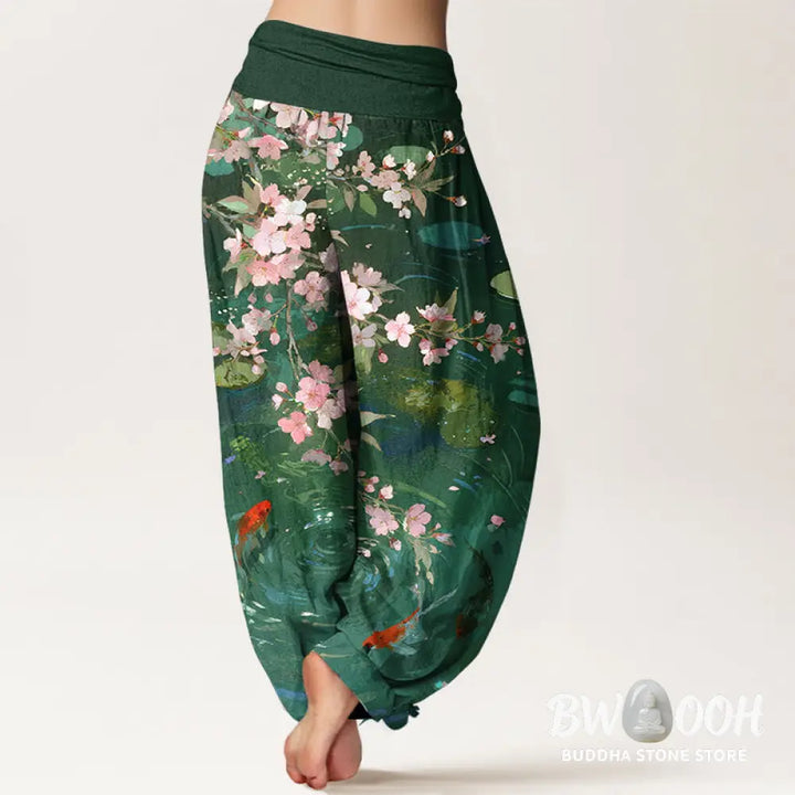 Buddha Stones Pure Cotton Sakura Blossoms Koi Fish Lotus Leaves Women’s Elastic Waist Harem Pants - Women’s Harem Pants