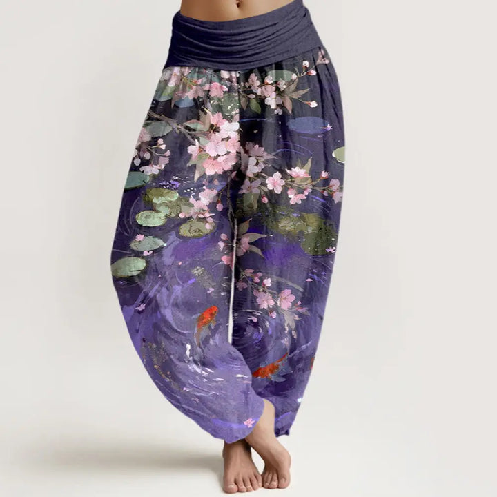 Buddha Stones Pure Cotton Sakura Blossoms Koi Fish Lotus Leaves Women’s Elastic Waist Harem Pants - DarkViolet