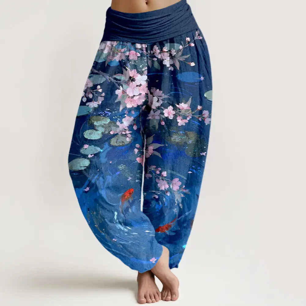 Buddha Stones Pure Cotton Sakura Blossoms Koi Fish Lotus Leaves Women’s Elastic Waist Harem Pants - RoyalBlue