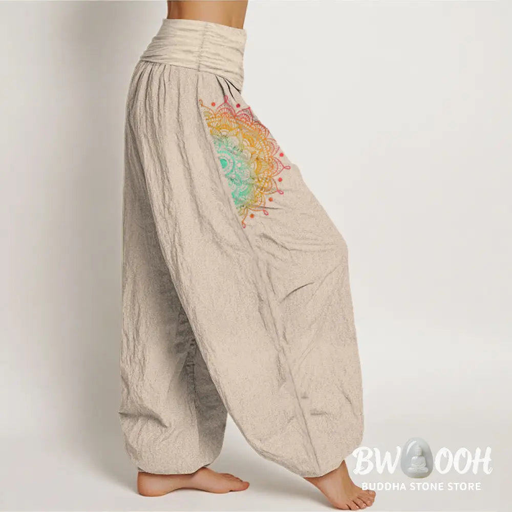 Buddha Stones Pure Cotton Simple Style Mandala Pattern Women’s Elastic Waist Harem Pants - Women’s Harem Pants
