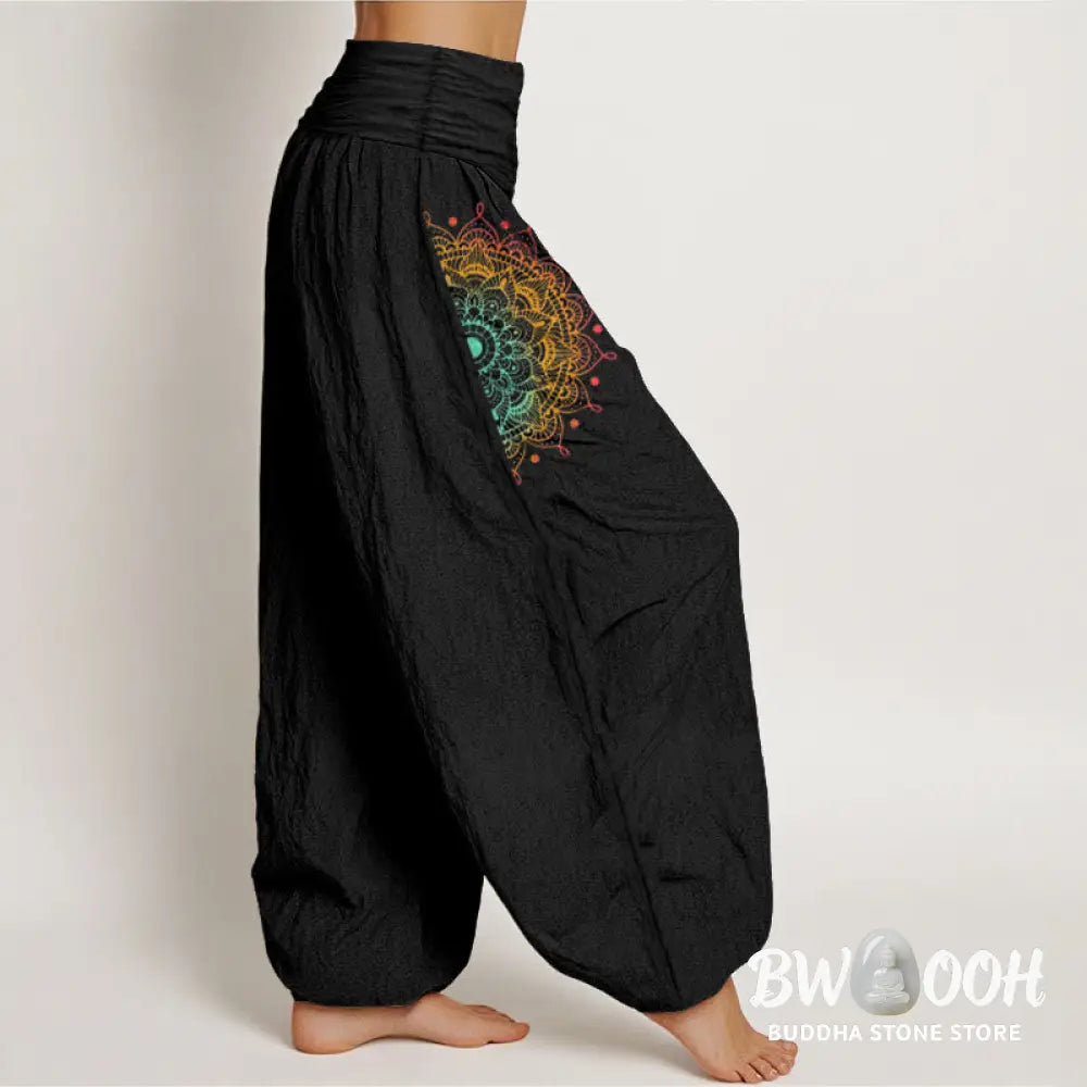 Buddha Stones Pure Cotton Simple Style Mandala Pattern Women’s Elastic Waist Harem Pants - Women’s Harem Pants