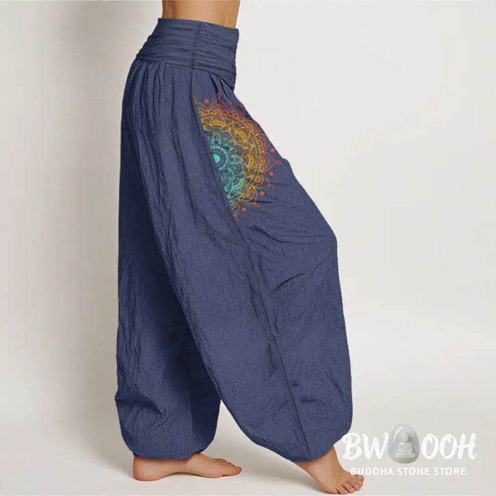 Buddha Stones Pure Cotton Simple Style Mandala Pattern Women’s Elastic Waist Harem Pants - Women’s Harem Pants