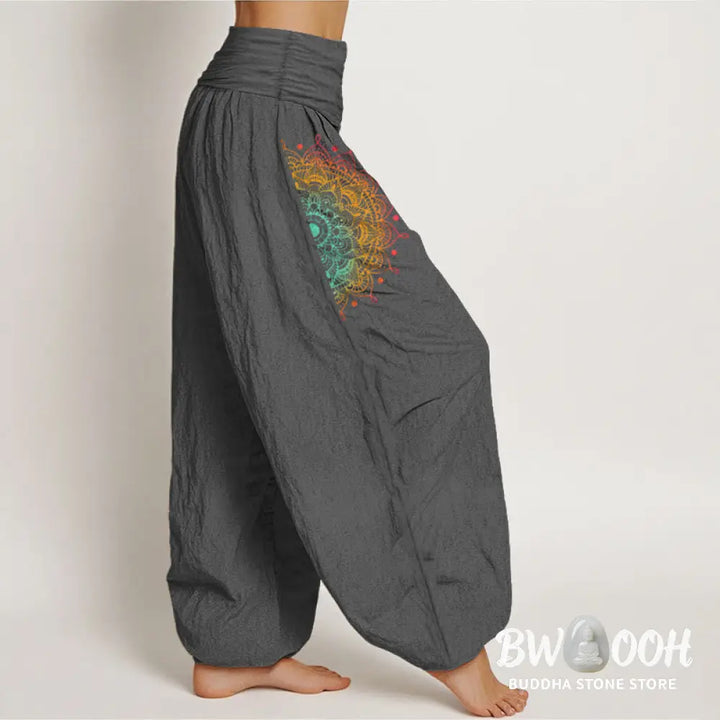 Buddha Stones Pure Cotton Simple Style Mandala Pattern Women’s Elastic Waist Harem Pants - Women’s Harem Pants