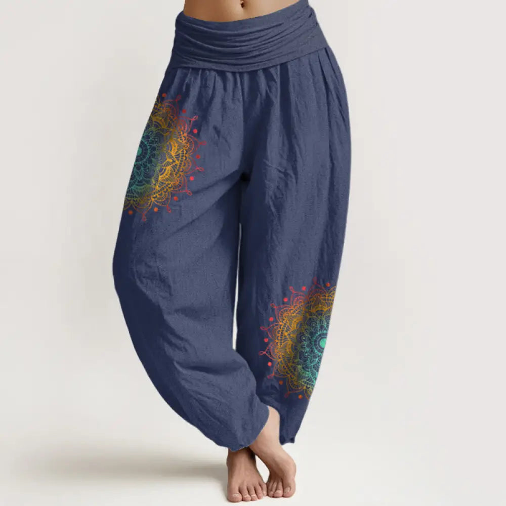 Buddha Stones Pure Cotton Simple Style Mandala Pattern Women’s Elastic Waist Harem Pants - DarkSlateBlue