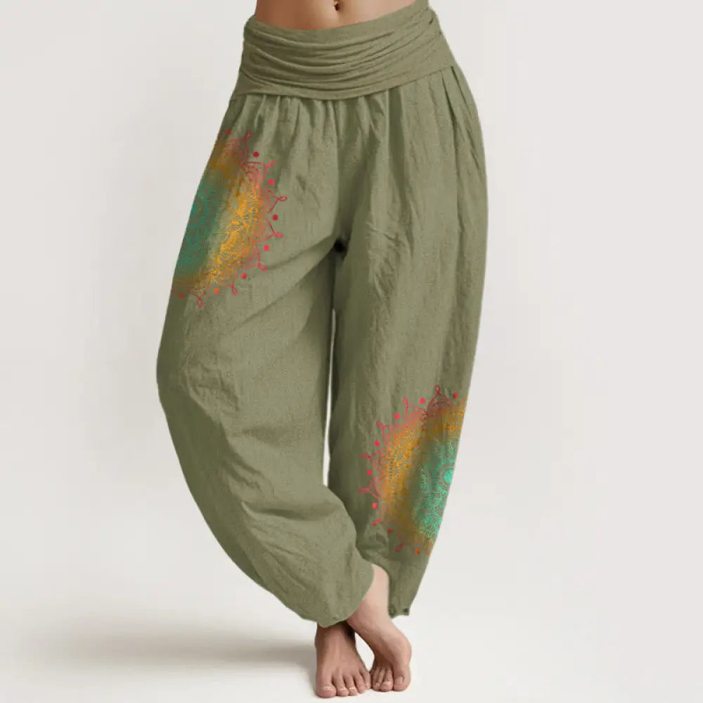 Buddha Stones Pure Cotton Simple Style Mandala Pattern Women’s Elastic Waist Harem Pants - OliveDrab / US2，UK/AU6，EU34