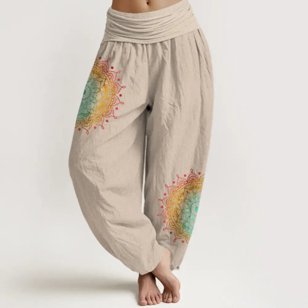 Buddha Stones Pure Cotton Simple Style Mandala Pattern Women’s Elastic Waist Harem Pants - Tan / US2，UK/AU6，EU34 (XS)