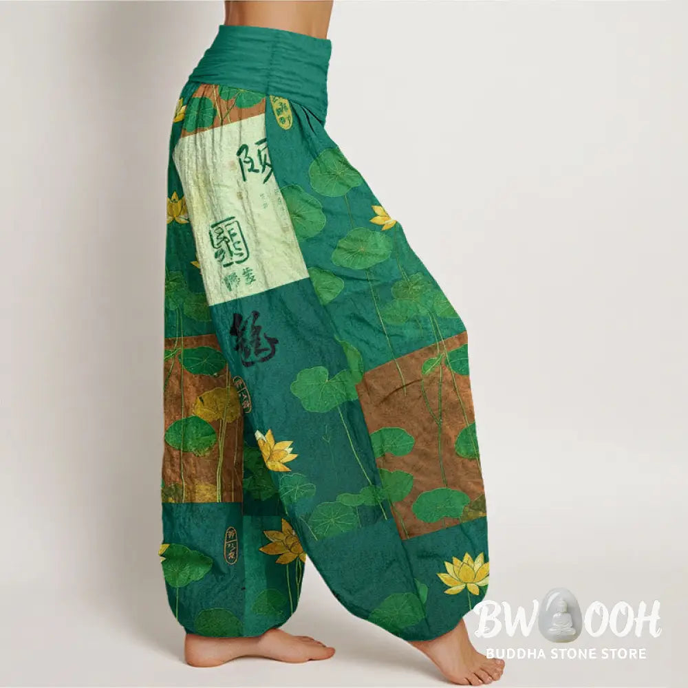 Buddha Stones Pure Cotton Strong Visual Impact Lotus Flowers Leaves Pattern Women’s Elastic Waist Harem Pants - Women’s