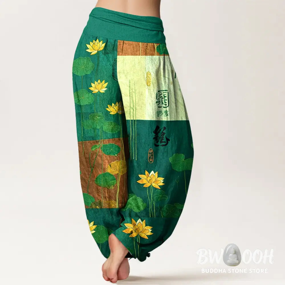 Buddha Stones Pure Cotton Strong Visual Impact Lotus Flowers Leaves Pattern Women’s Elastic Waist Harem Pants - Women’s