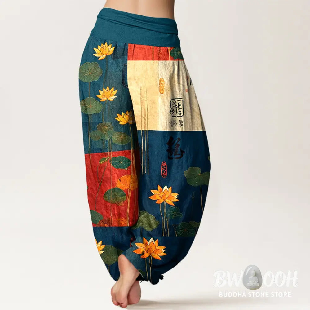 Buddha Stones Pure Cotton Strong Visual Impact Lotus Flowers Leaves Pattern Women’s Elastic Waist Harem Pants - Women’s