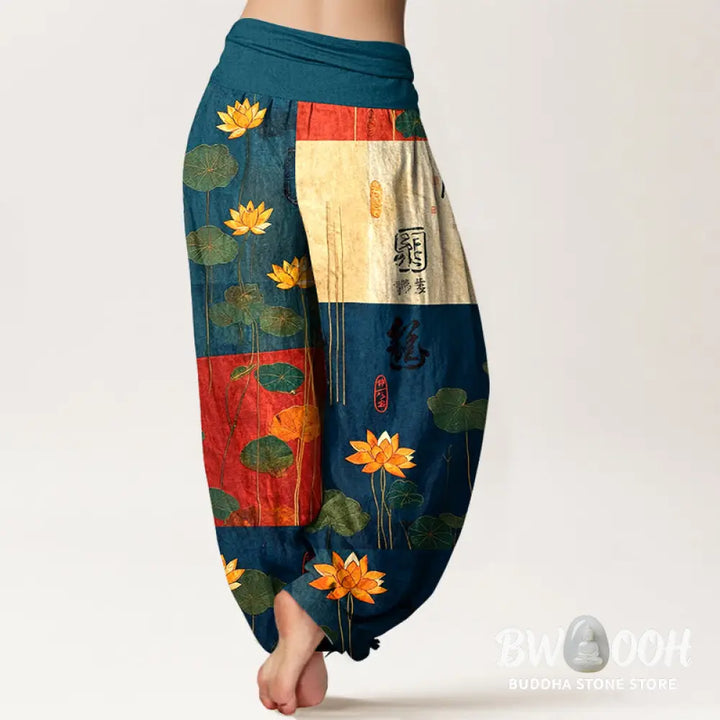 Buddha Stones Pure Cotton Strong Visual Impact Lotus Flowers Leaves Pattern Women’s Elastic Waist Harem Pants - Women’s
