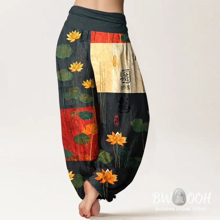 Buddha Stones Pure Cotton Strong Visual Impact Lotus Flowers Leaves Pattern Women’s Elastic Waist Harem Pants - Women’s