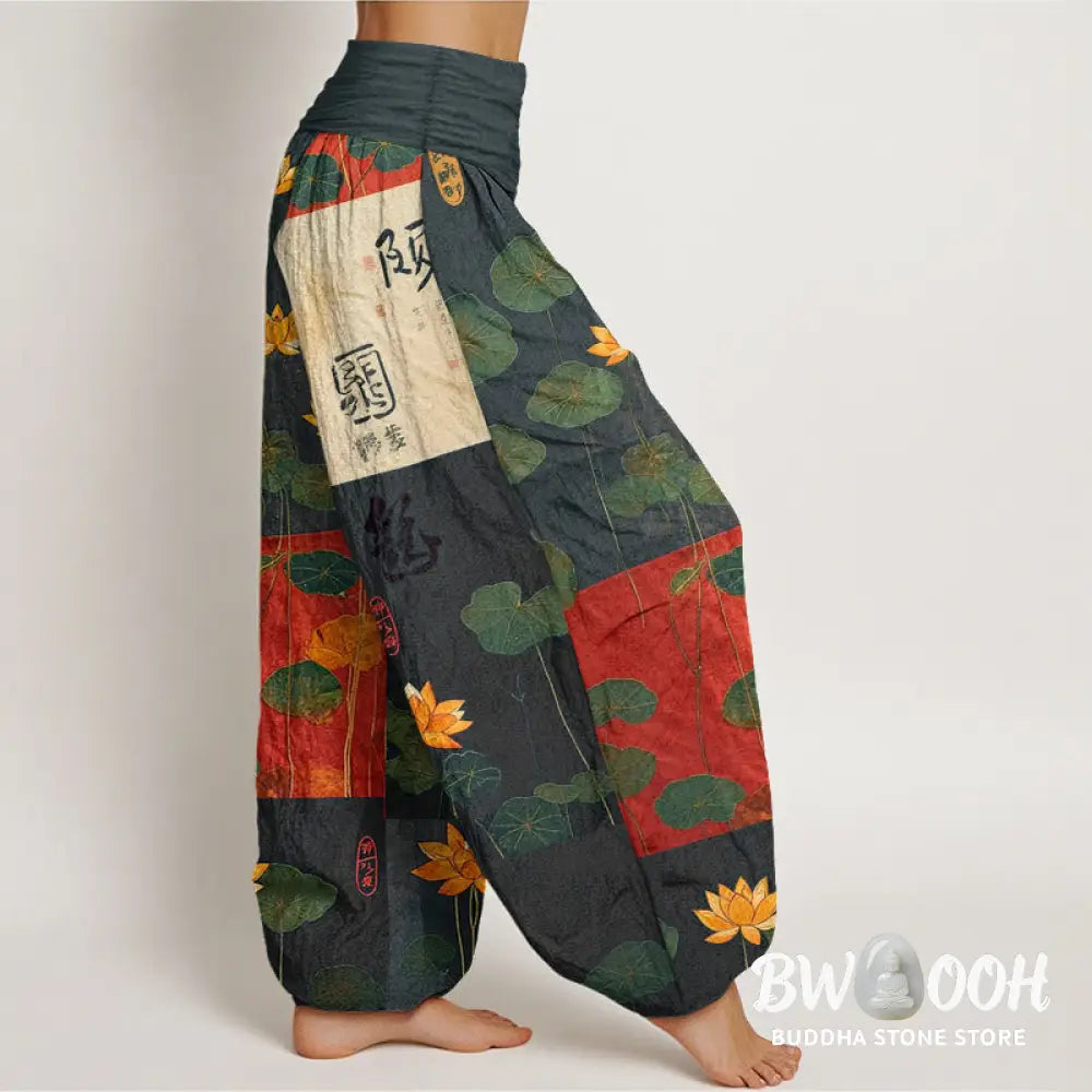 Buddha Stones Pure Cotton Strong Visual Impact Lotus Flowers Leaves Pattern Women’s Elastic Waist Harem Pants - Women’s