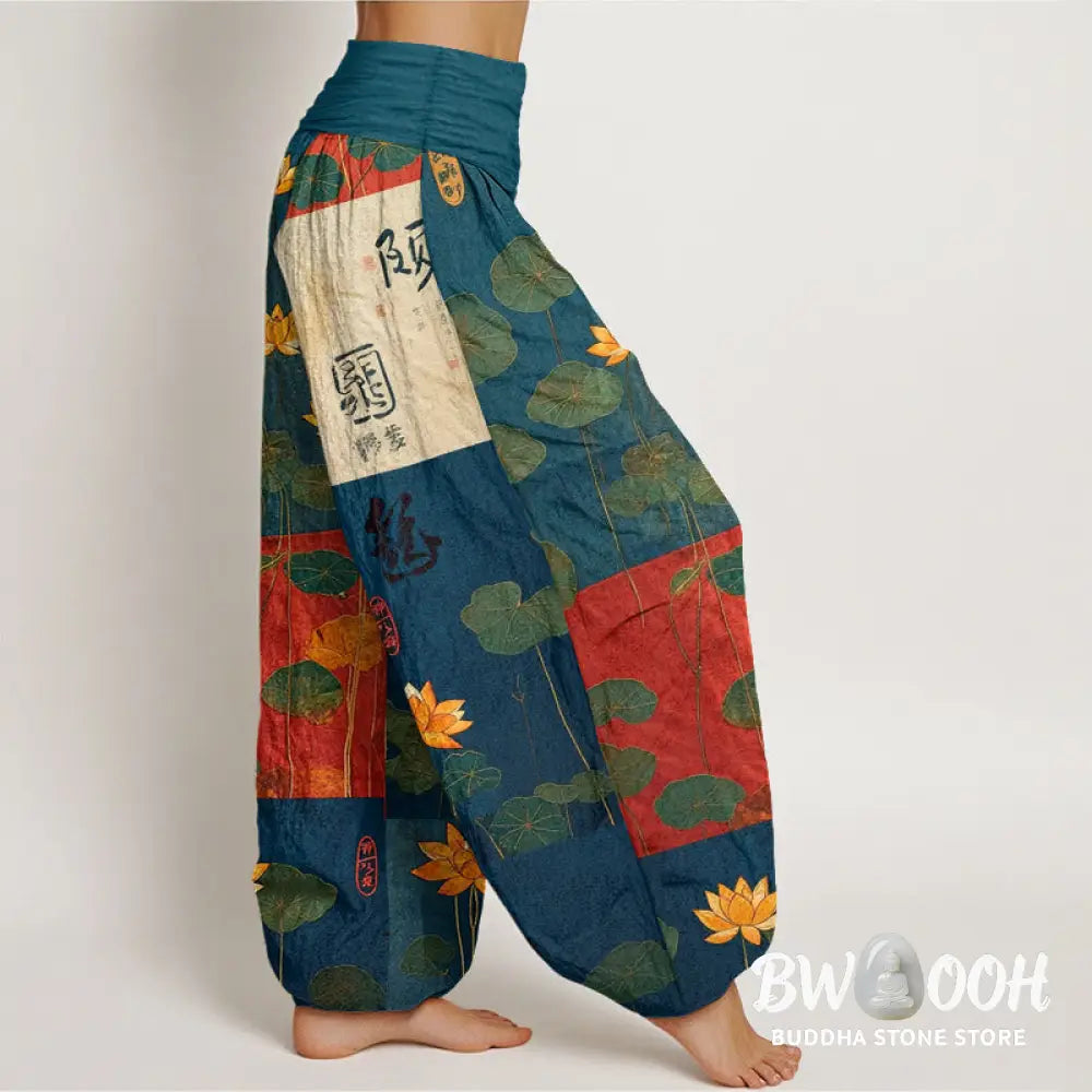 Buddha Stones Pure Cotton Strong Visual Impact Lotus Flowers Leaves Pattern Women’s Elastic Waist Harem Pants - Women’s