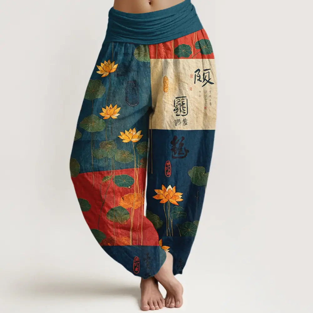 Buddha Stones Pure Cotton Strong Visual Impact Lotus Flowers Leaves Pattern Women’s Elastic Waist Harem Pants