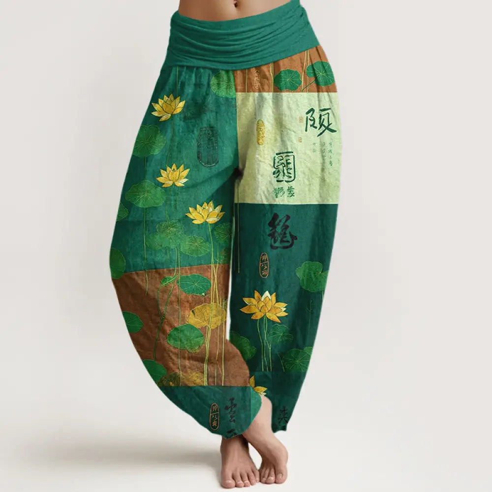 Buddha Stones Pure Cotton Strong Visual Impact Lotus Flowers Leaves Pattern Women’s Elastic Waist Harem Pants