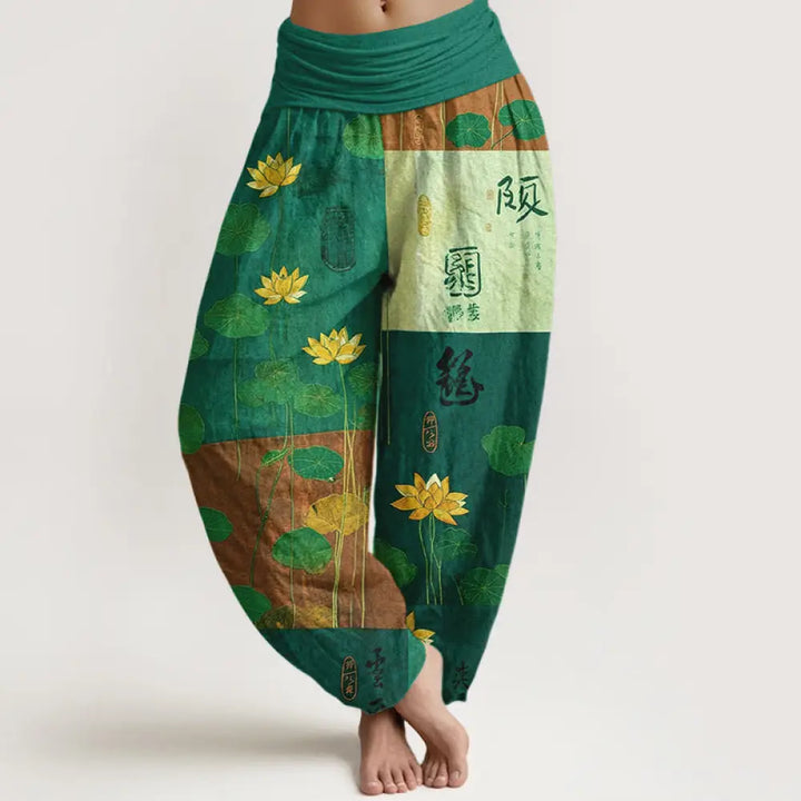 Buddha Stones Pure Cotton Strong Visual Impact Lotus Flowers Leaves Pattern Women’s Elastic Waist Harem Pants