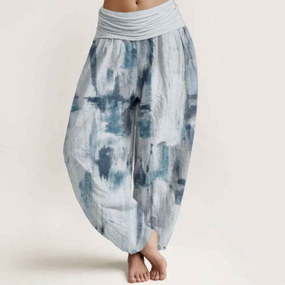 Buddha Stones Pure Cotton Tie Dye Pattern Design Women’s Elastic Waist Harem Pants - AliceBlue / US2，UK/AU6，EU34 (XS)