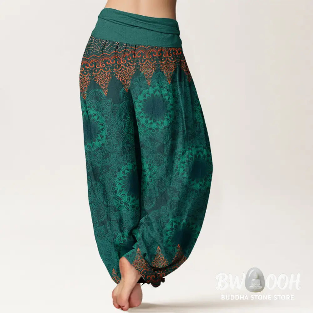 Buddha Stones Pure Cotton Triangular Mandala Patterns Women’s Elastic Waist Harem Pants - Women’s Harem Pants