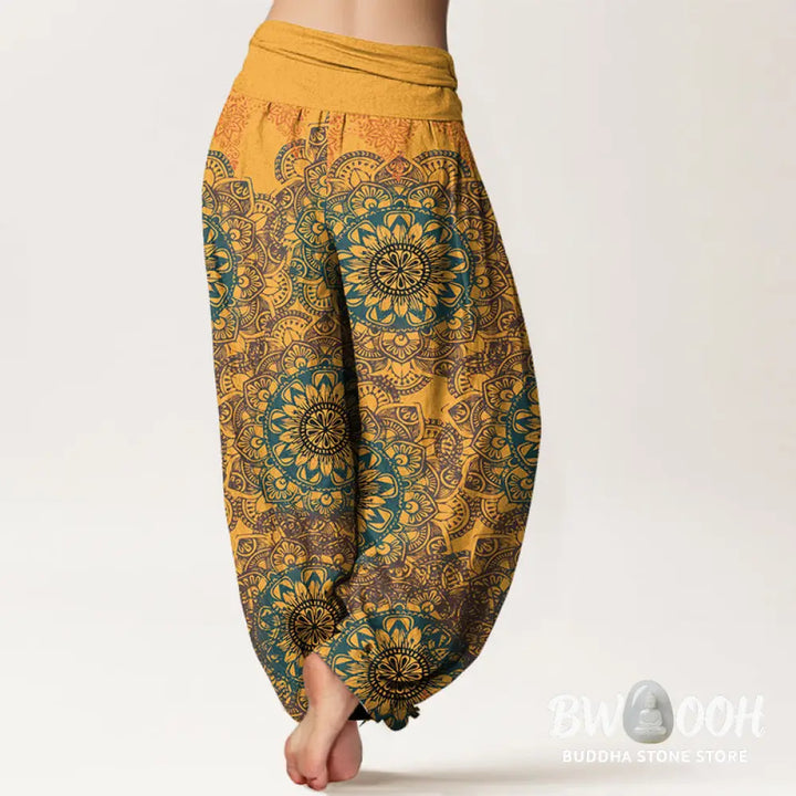 Buddha Stones Pure Cotton Triangular Mandala Patterns Women’s Elastic Waist Harem Pants - Women’s Harem Pants