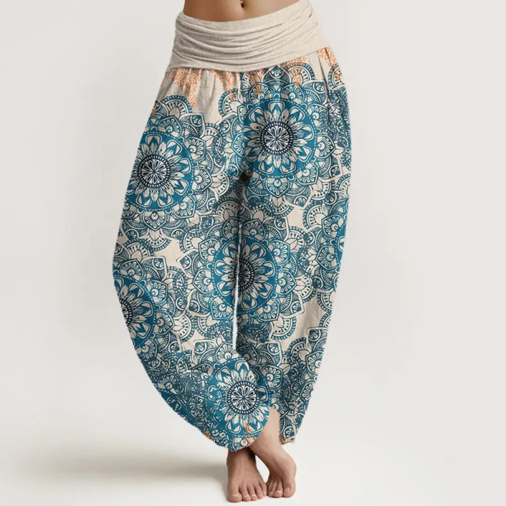 Buddha Stones Pure Cotton Triangular Mandala Patterns Women’s Elastic Waist Harem Pants - Beige / US2，UK/AU6，EU34 (XS)