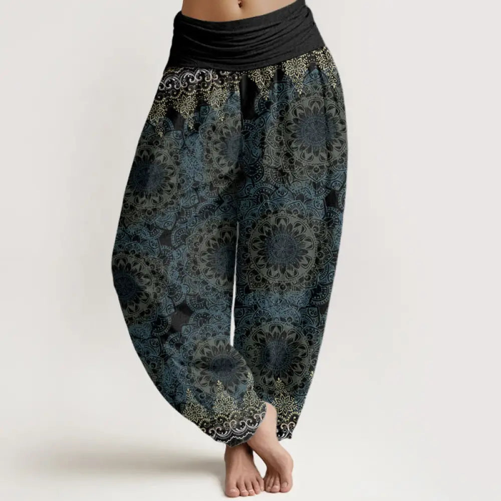 Buddha Stones Pure Cotton Triangular Mandala Patterns Women’s Elastic Waist Harem Pants - Black / US2，UK/AU6，EU34 (XS)