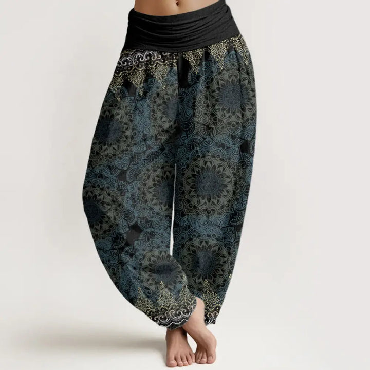Buddha Stones Pure Cotton Triangular Mandala Patterns Women’s Elastic Waist Harem Pants - Black / US2，UK/AU6，EU34 (XS)