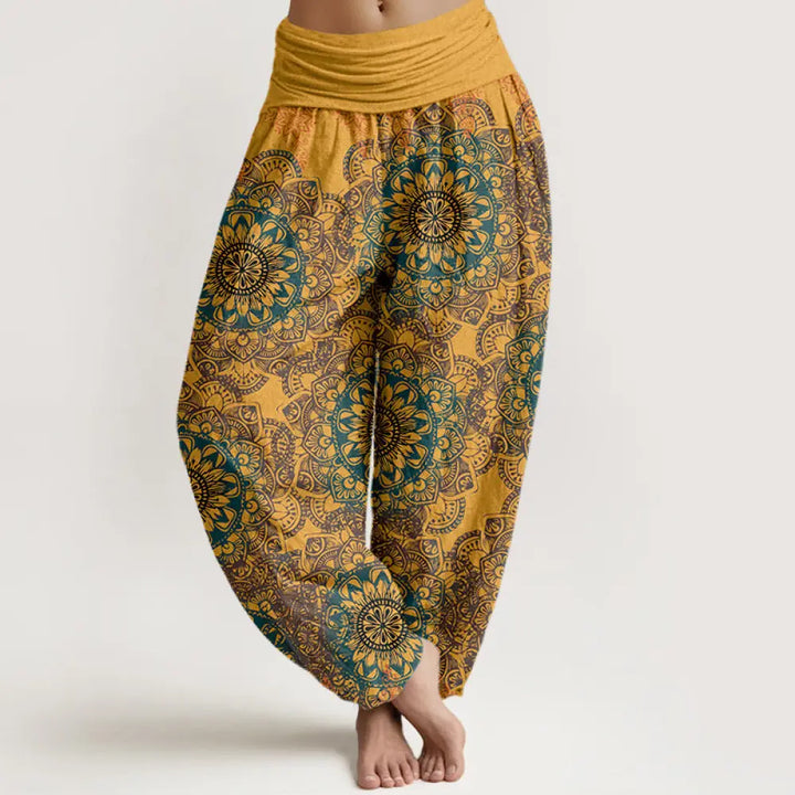 Buddha Stones Pure Cotton Triangular Mandala Patterns Women’s Elastic Waist Harem Pants - Gold / US2，UK/AU6，EU34 (XS)