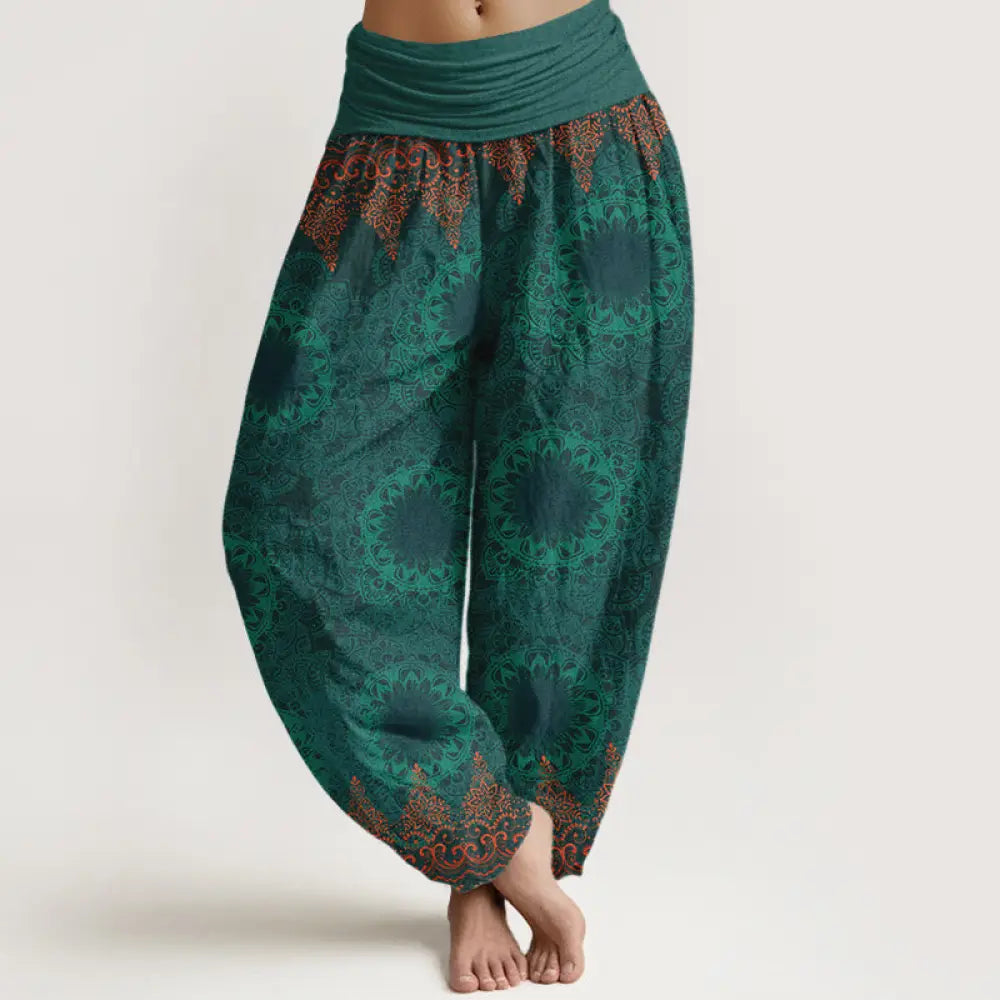 Buddha Stones Pure Cotton Triangular Mandala Patterns Women’s Elastic Waist Harem Pants - MediumSeaGreen